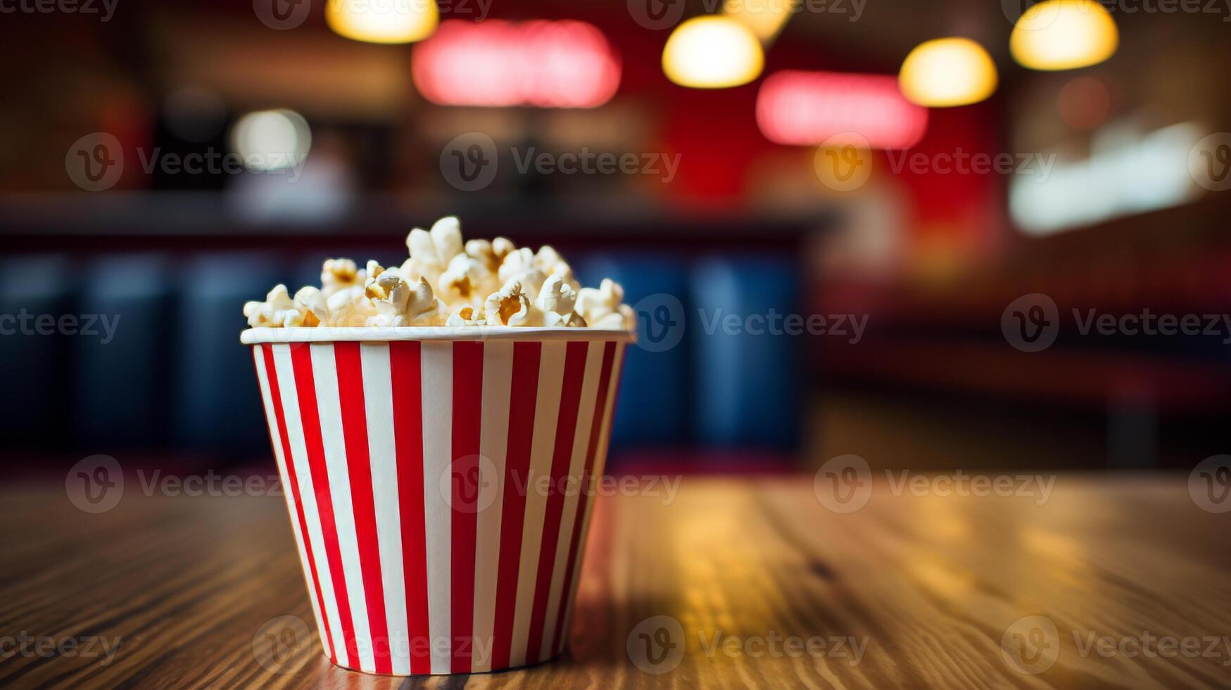 ai generiert Karton Eimer von Popcorn mit rot und Weiß Streifen auf leeren Film Bildschirm Hintergrund foto