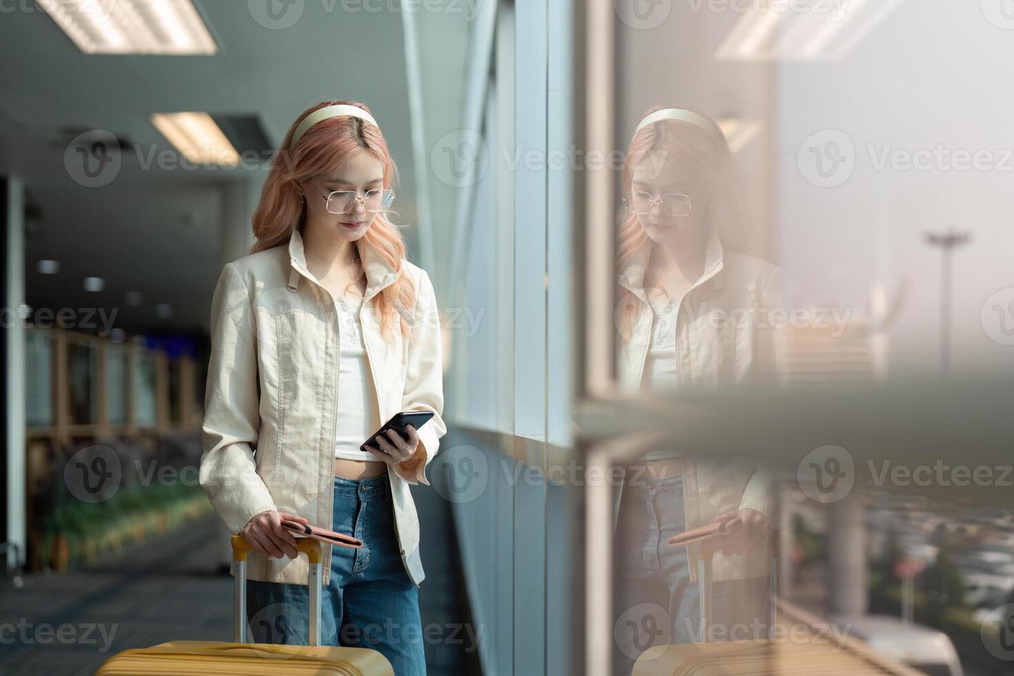 Reisender Frau asiatisch im Flughafen und Gepäck zum Urlaub, Lächeln und reden auf das Telefon prüfen Einsteigen Fahrkarte. weiblich Reisender mit Koffer, International und Abfahrt mit Reisepass und Ausflug foto