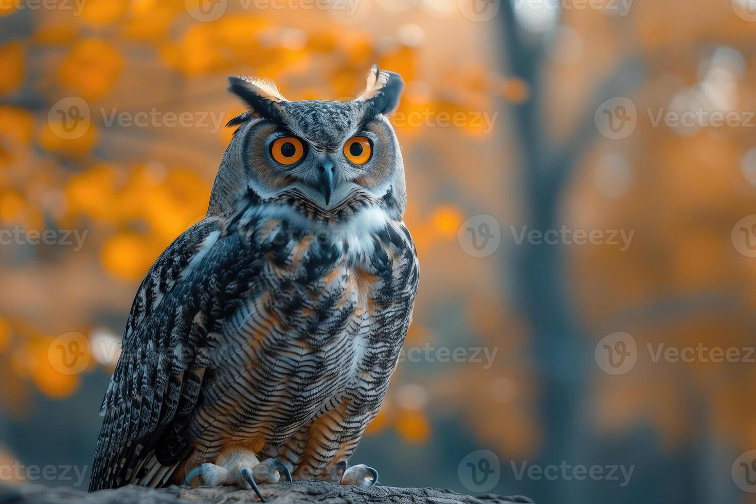 ai generiert eurasisch Uhu Bubo Bubo Sitzung auf ein Ast im das Herbst Wald. schön Eule. foto