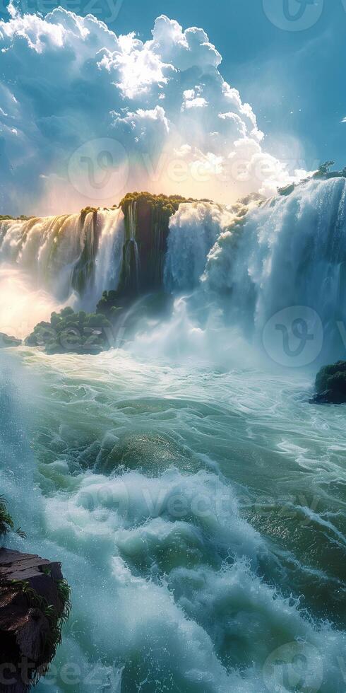 ai generiert Vertikale Hintergrund mit Aussicht von Wasserfall und kraftvoll Strom foto