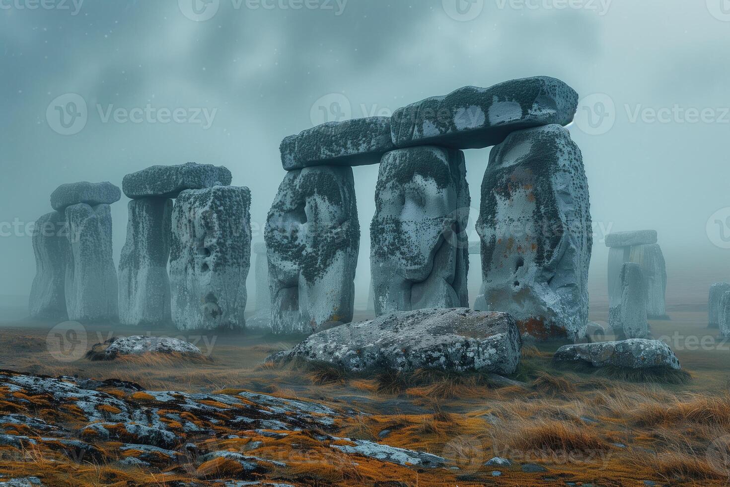 ai generiert uralt Megalith Cromlech auf ein nebelig Herbst Tag foto