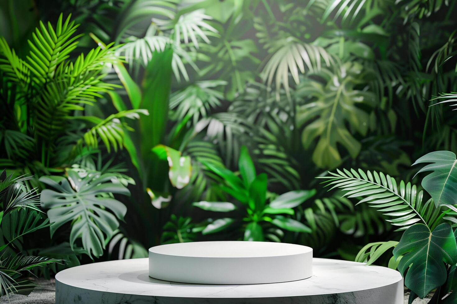 ai generiert kreisförmig Produkt Podium Präsentation mit Urwald tropisch Pflanzen Hintergrund foto