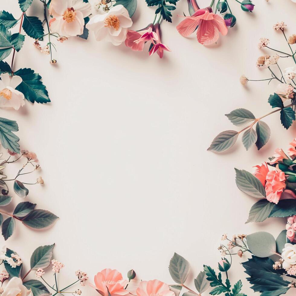 ai generiert Blumen botanisch Rahmen auf Rosa Pastell- Hintergrund foto