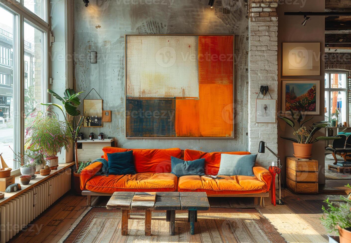 ai generiert modern Innere Design von Leben Zimmer mit stilvoll Orange Sofa Design Kaffee Tabelle industriell Elemente und persönlich Zubehör im Dachgeschoss Stil Wohnung. foto