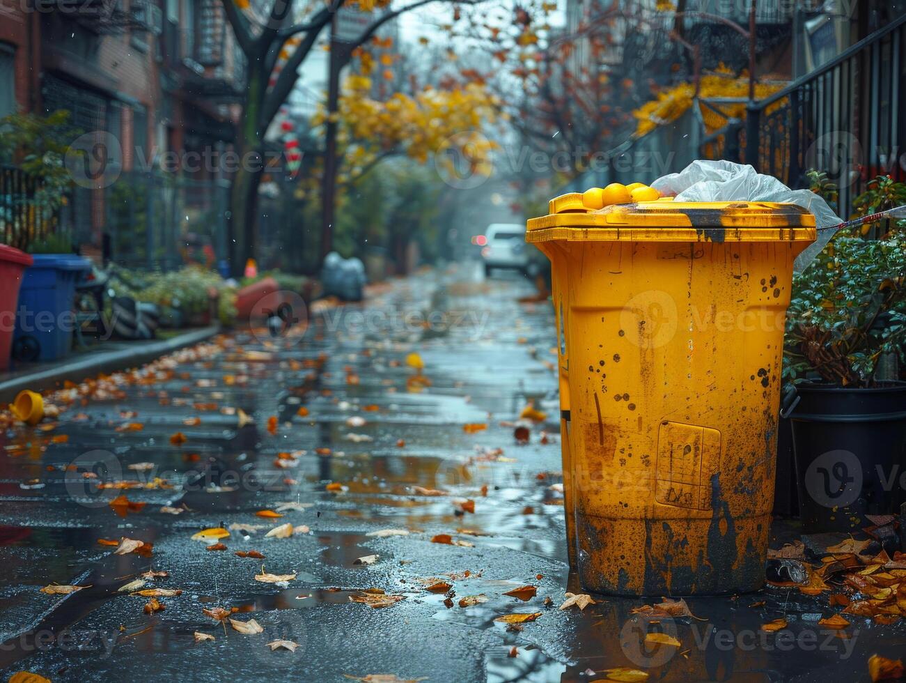 ai generiert Gelb Müll können und Müll Taschen auf das Straße im regnerisch Tag foto