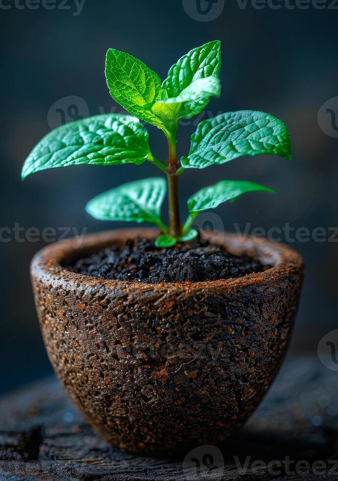 ai generiert jung Grün Pflanze im Lehm Topf. ein Grün Pflanze im Granatwerfer auf Holz foto