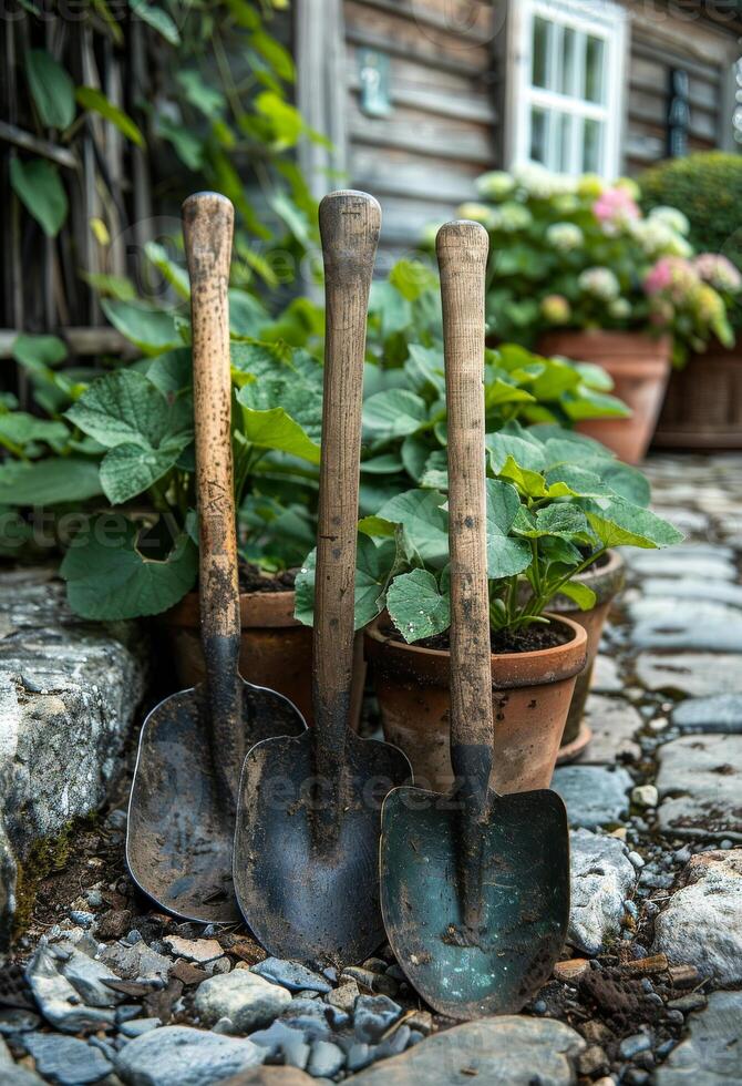 ai generiert drei alt Garten Werkzeuge und Blume Töpfe im das Garten foto