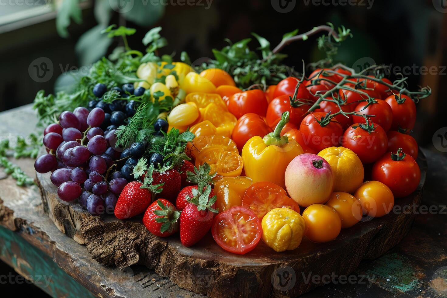 ai generiert frisch Früchte und Gemüse auf hölzern Tabelle foto