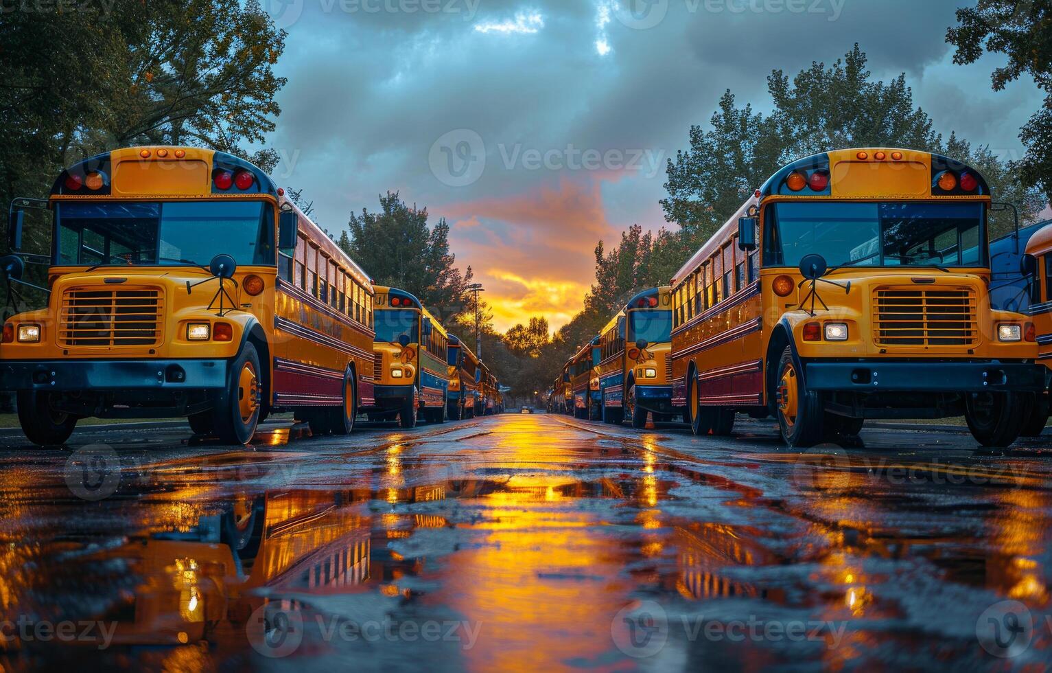 ai generiert Schule Busse geparkt im Reihe auf nass Straße beim Sonnenuntergang foto