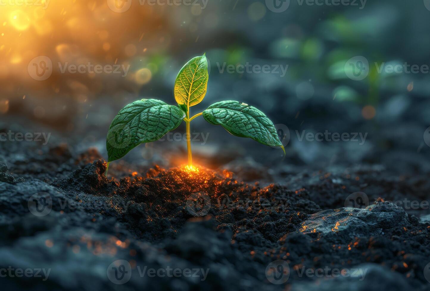 ai generiert jung Pflanze wachsend im das Morgen Licht und Grün Bokeh Hintergrund foto