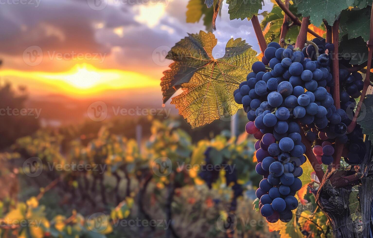 ai generiert Trauben auf das Ranke beim Sonnenuntergang. rot Trauben im Weinberg foto