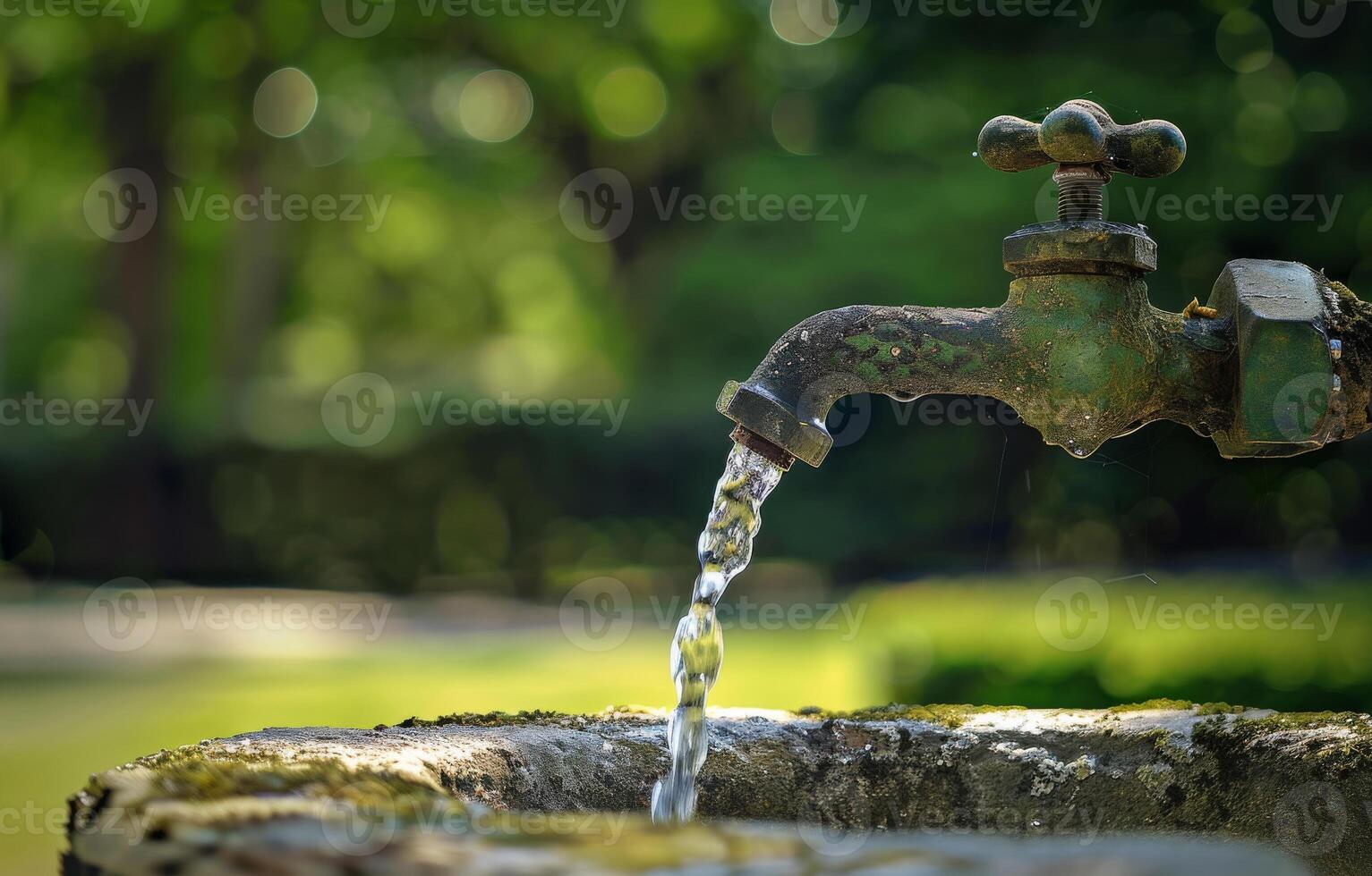 ai generiert Wasser fließt von alt rostig Zapfhahn foto