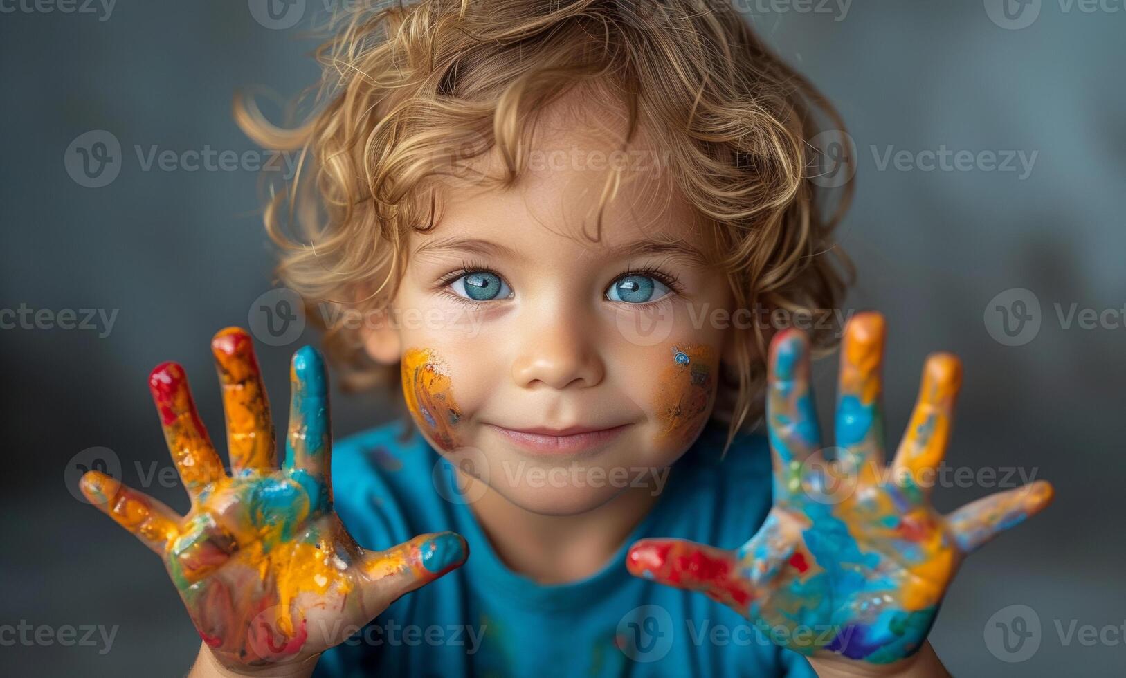 ai generiert wenig Junge zeigt an seine Palmen mit malen. ein wenig Baby Junge mit bunt gemalt Hände foto