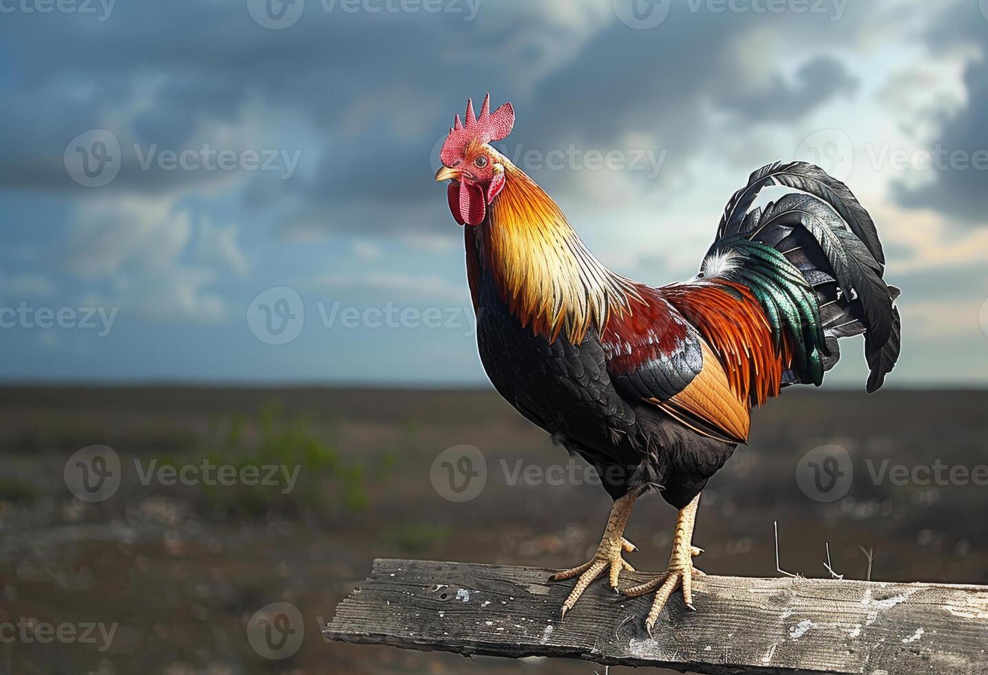 ai generiert Hahn Stehen auf Zaun. ein Hahn ist Stehen auf ein hölzern Tafel foto