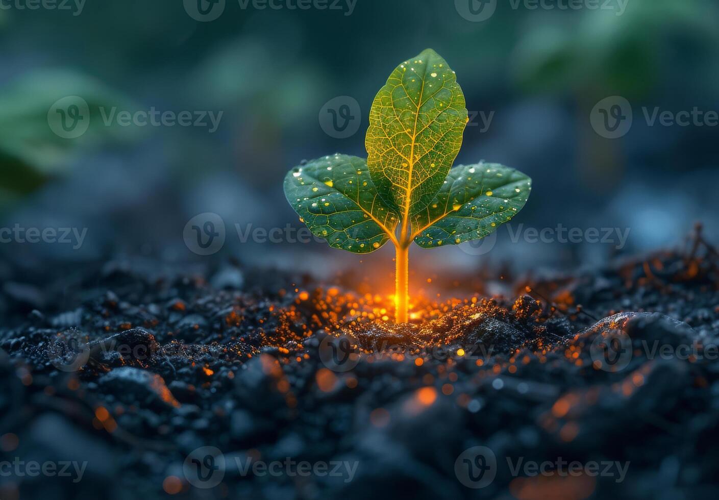 ai generiert jung Pflanze wachsend im das Morgen Licht und Tau auf das Blätter foto