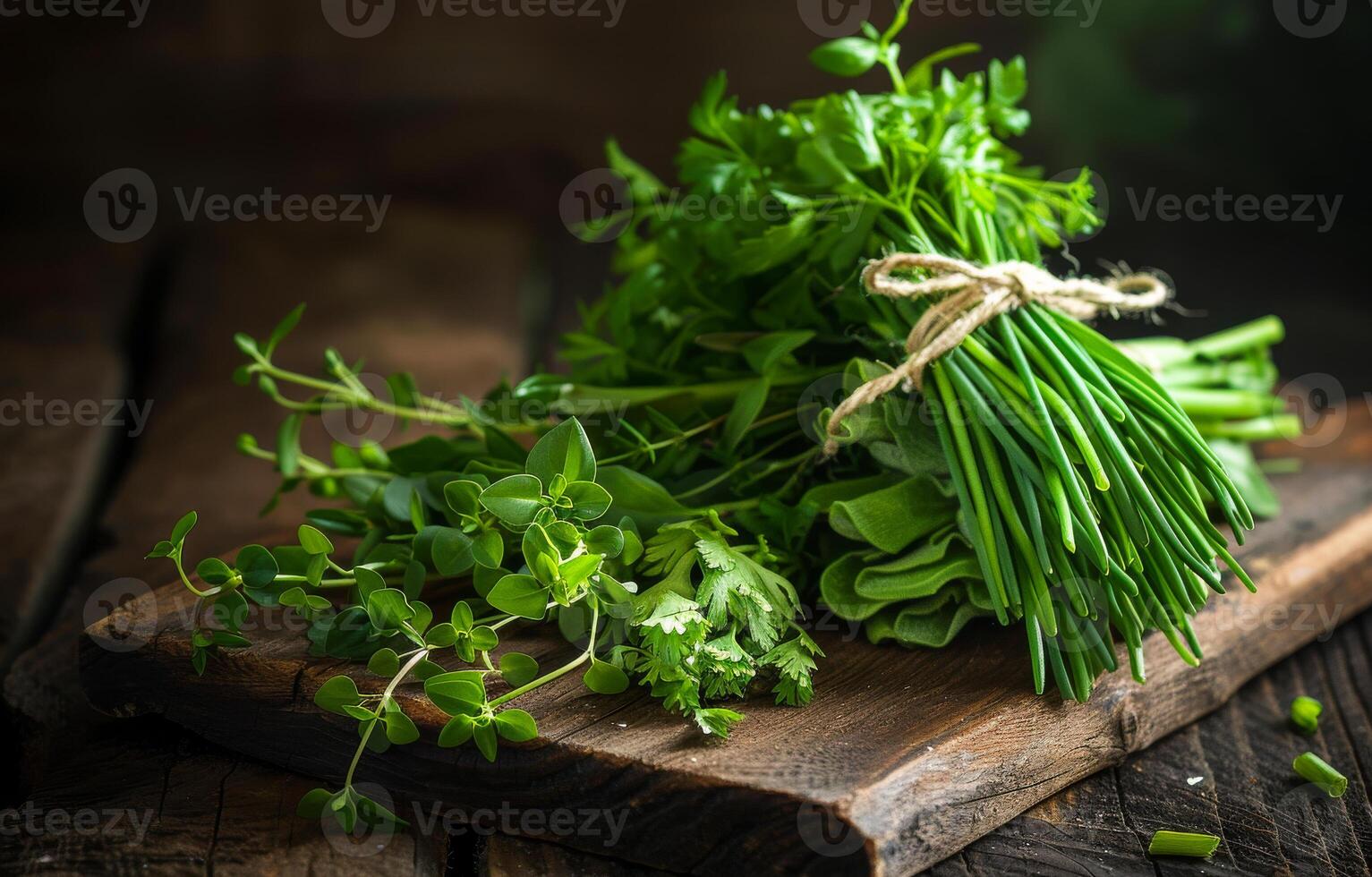 ai generiert Bündel von frisch Grün Kräuter auf alt hölzern Tabelle foto