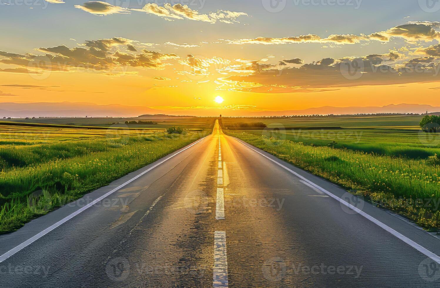 ai generiert Straße erstreckt sich in das Entfernung beim Sonnenuntergang foto