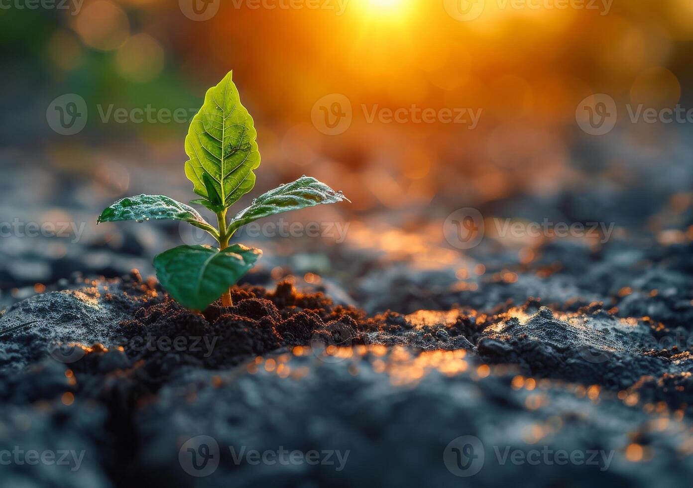 ai generiert jung Pflanze wachsend im das Morgen Licht und warm Sonnenlicht foto