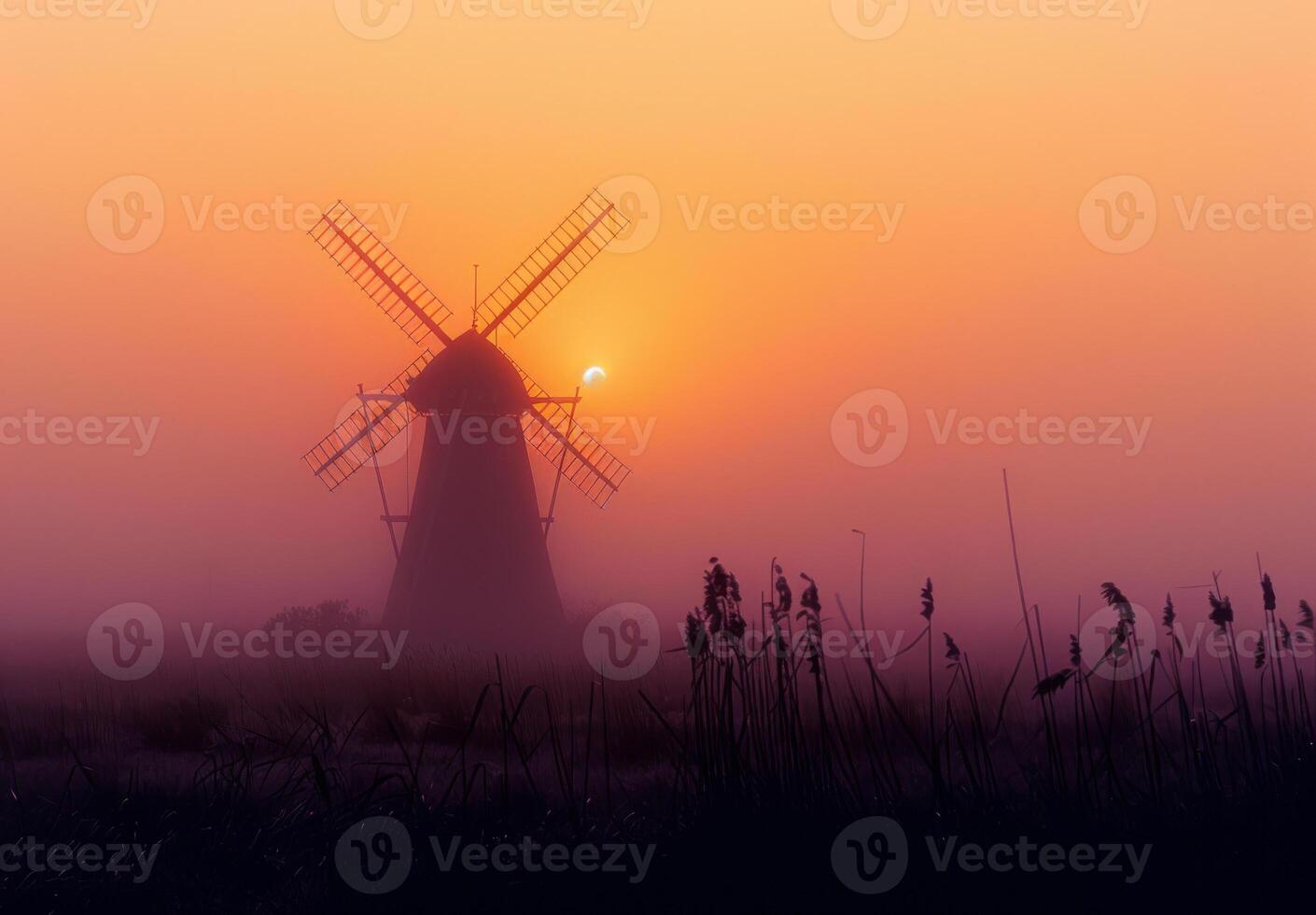 ai generiert Windmühle im das Nebel beim Sonnenaufgang. ein Gelb Windmühle steigt an von ein neblig Feld foto