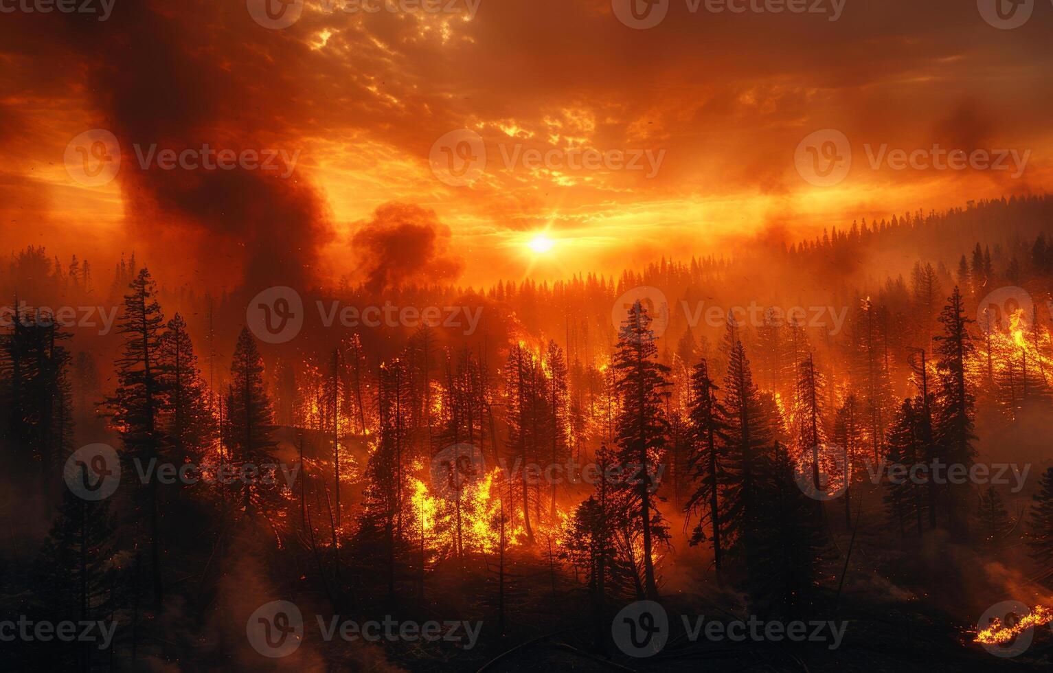 ai generiert Wald Feuer Verbrennung Bäume Verbrennung Nieder Wald foto
