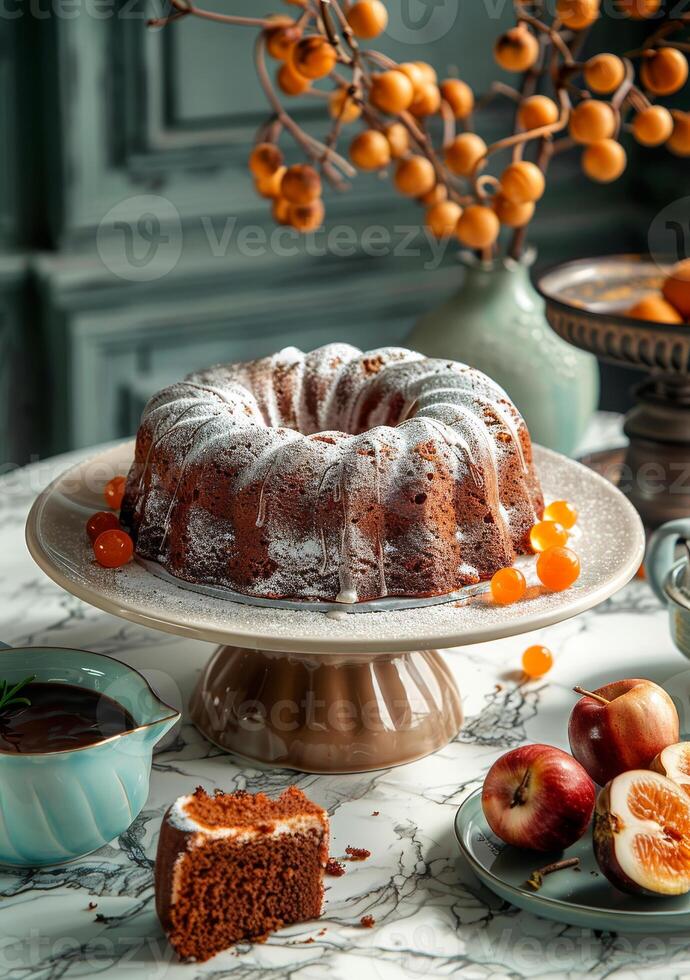 ai generiert hausgemacht Kuchen mit Kakis auf Tabelle foto