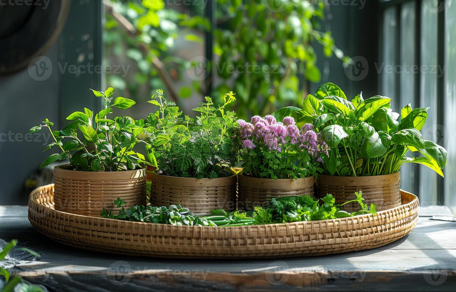 ai generiert verschiedene frisch Kräuter und Gewürze auf das Balkon foto