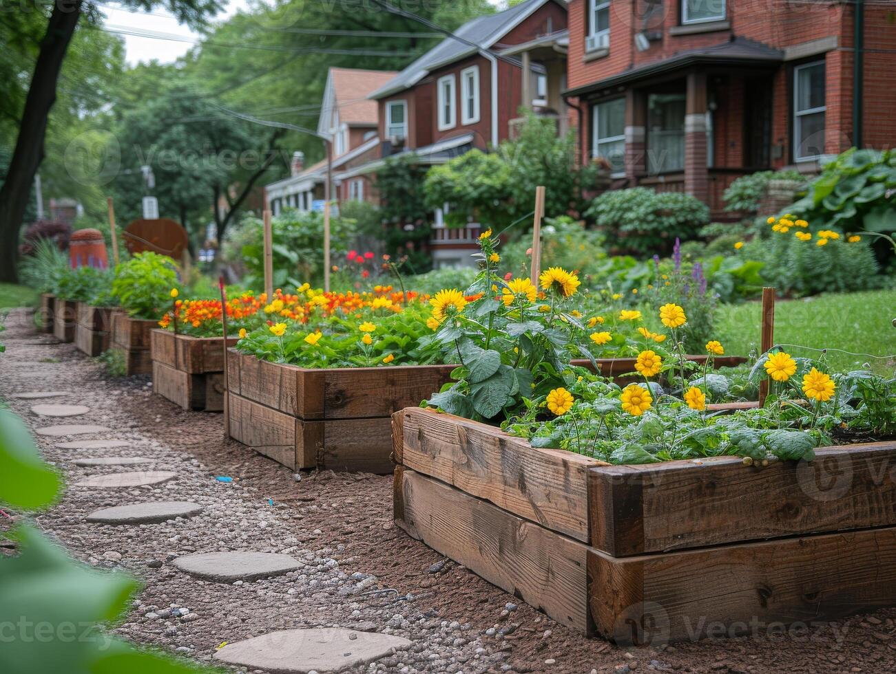 ai generiert Reihe von angehoben Garten Betten mit Blumen im Vorderseite von Reihe von Häuser foto