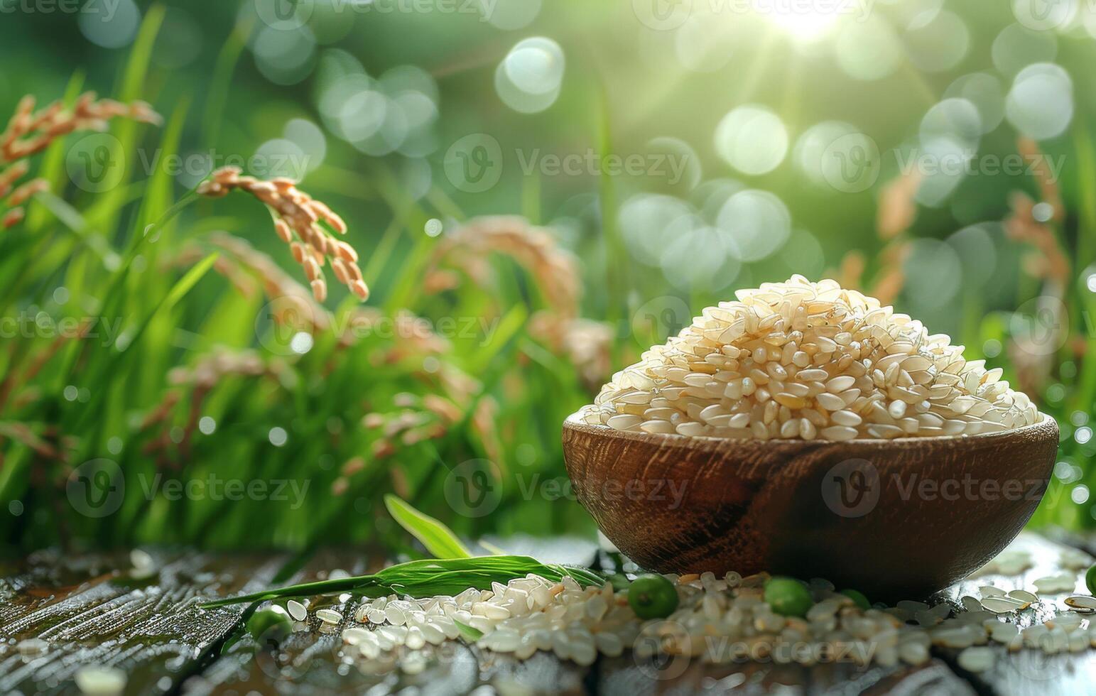 ai generiert Jasmin Reis im hölzern Schüssel mit Reis Pflanze im das Hintergrund foto