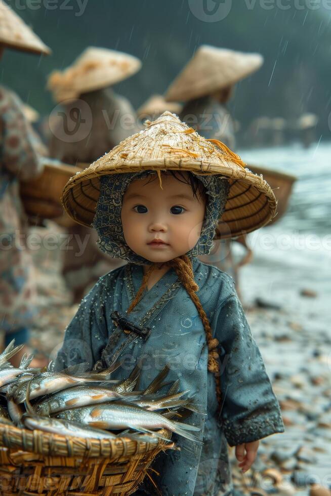 ai generiert ein Baby mit ein Hut ist Gehen entlang das Ufer Tragen Fisch foto
