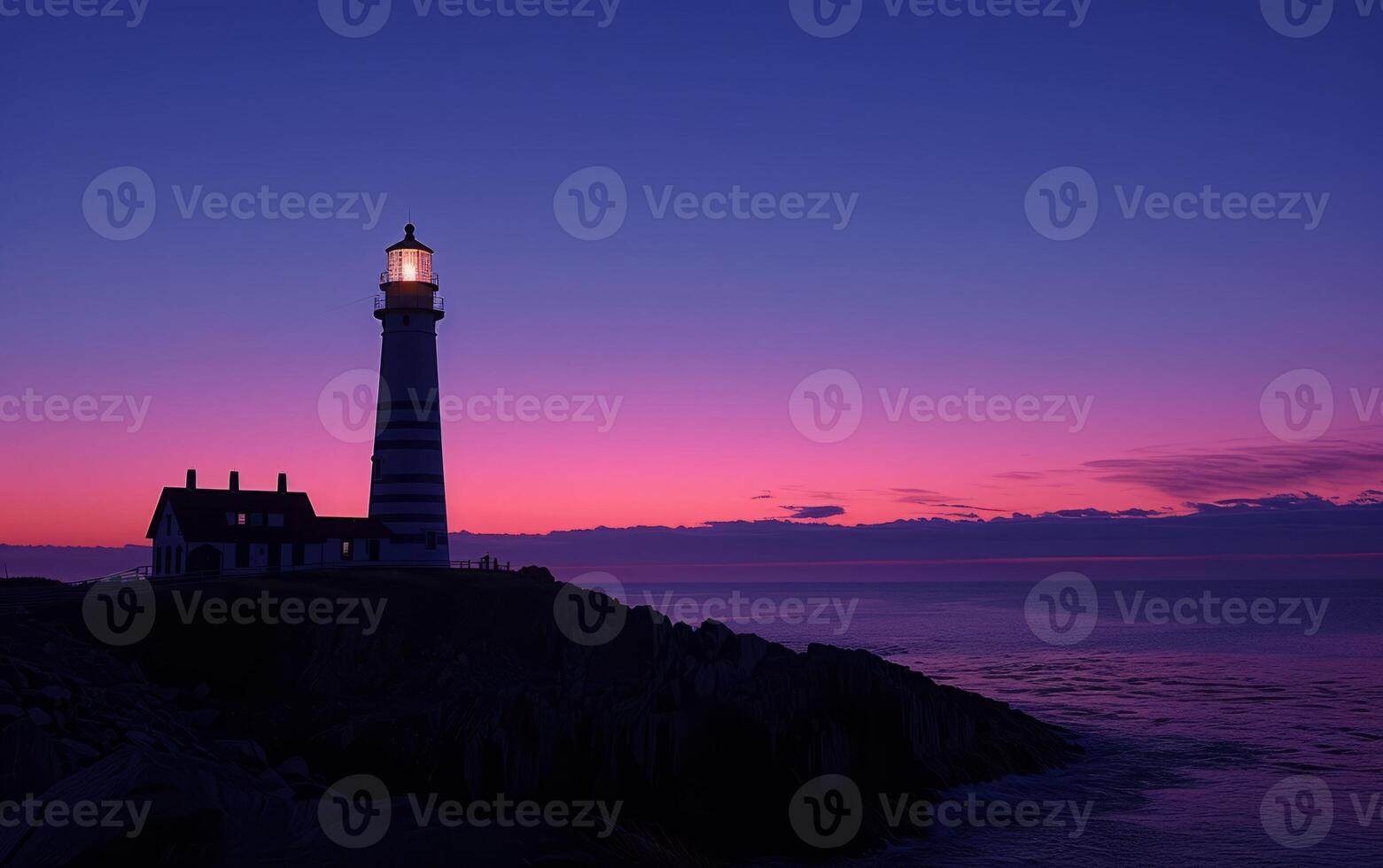 ai generiert ein Leuchtturm steht Wächter gegen ein spektakulär lange Exposition Dämmerung Himmel foto