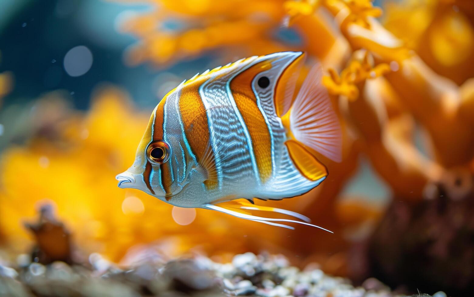 ai generiert ein lebhaft gestreift Kupferband Falterfisch schwimmt anmutig in der Nähe von das beschwingt Korallen foto