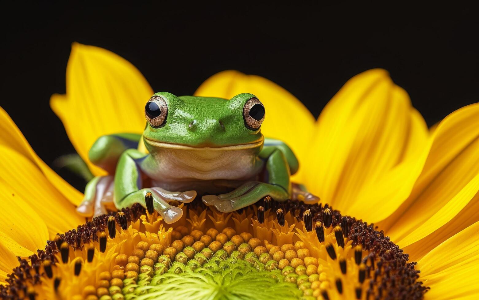 ai generiert ein Grün Baum Frosch Sitzstangen auf das reich, braun Center von ein hell Gelb Sonnenblume foto