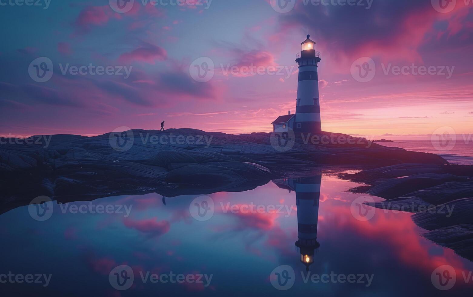 ai generiert ein Leuchtturm steht Wächter gegen ein spektakulär lange Exposition Dämmerung Himmel foto