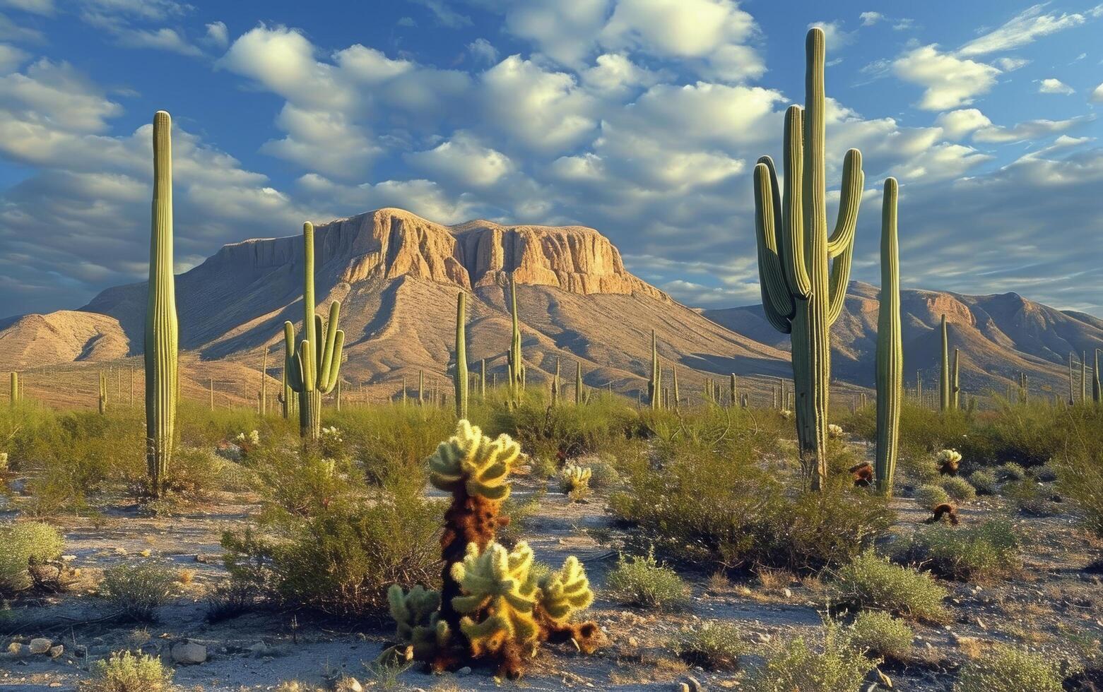 ai generiert hoch Saguaro Kakteen dominieren das Wüste Landschaft mit ein Hintergrund von ein Berg Angebot beim Sonnenuntergang foto