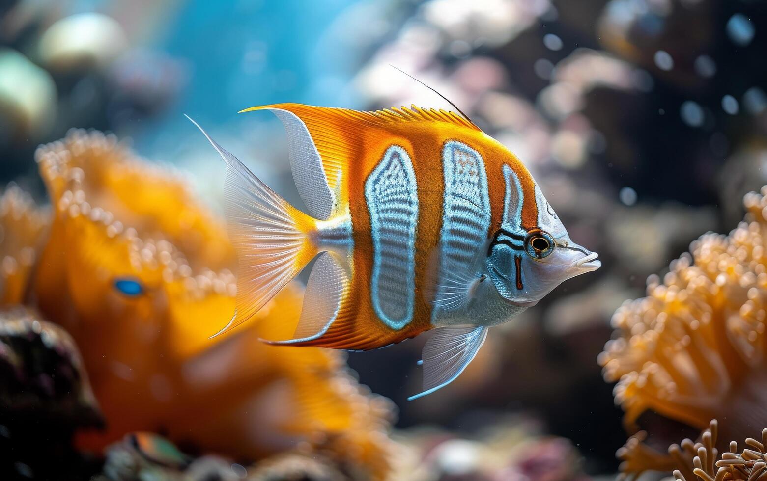 ai generiert ein lebhaft gestreift Kupferband Falterfisch schwimmt anmutig in der Nähe von das beschwingt Korallen foto