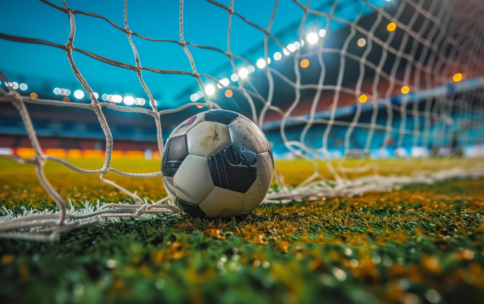 ai generiert ein schließen oben Aussicht von ein getragen Fußball Ball eingebettet im das Tor Netz foto