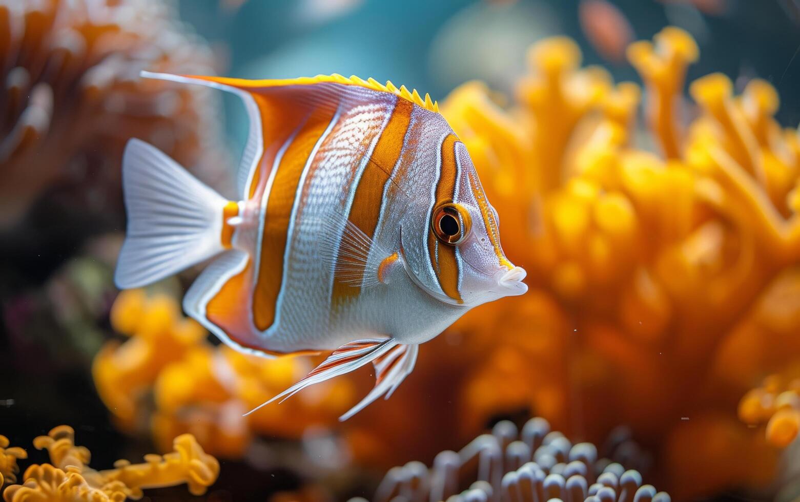 ai generiert ein lebhaft gestreift Kupferband Falterfisch schwimmt anmutig in der Nähe von das beschwingt Korallen foto