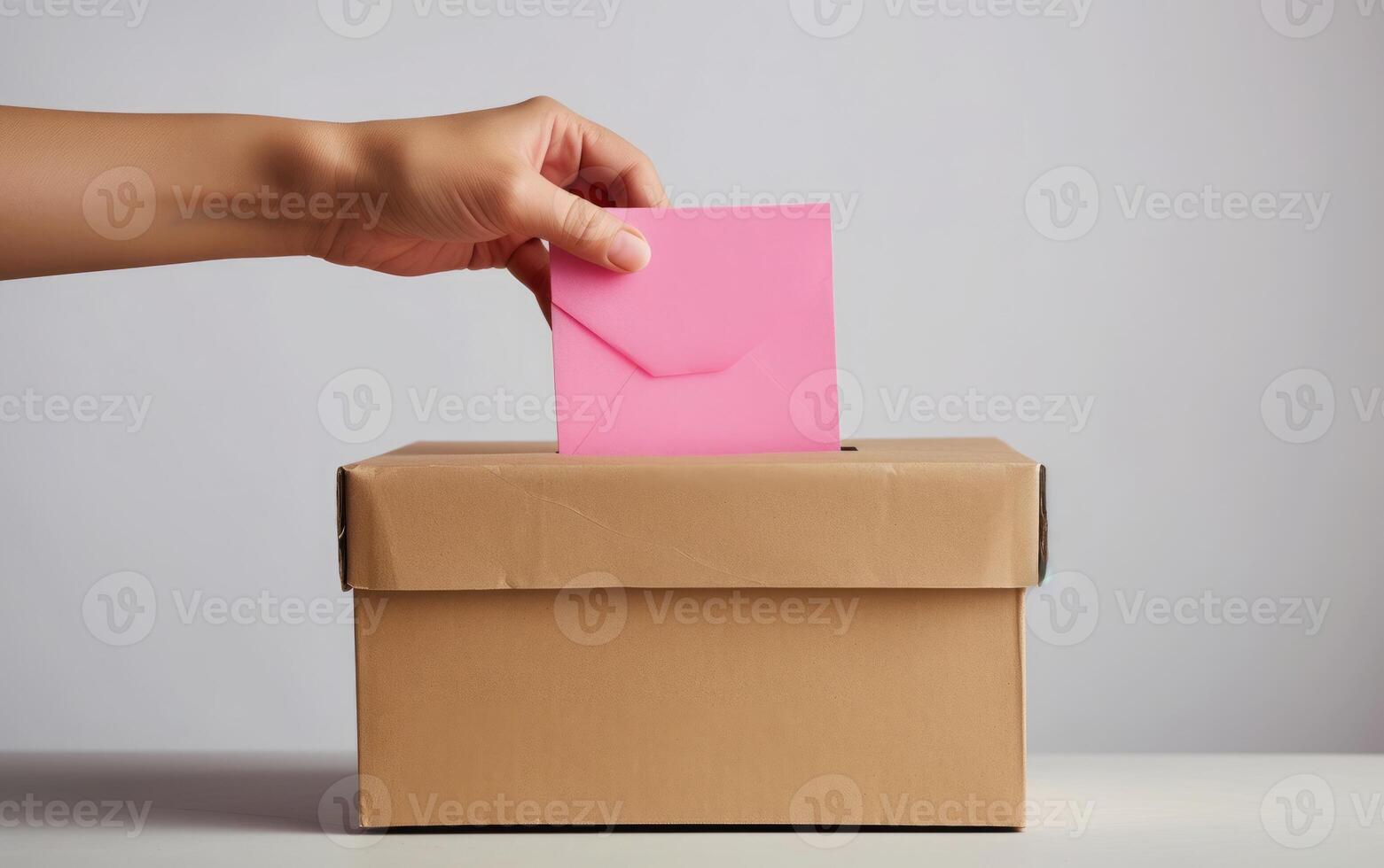 ai generiert das Bild erfasst ein Hand, eingewickelt im ein grau stricken, Einzahlung ein lebendig Rosa Briefumschlag in ein schmucklos Abstimmung Box foto