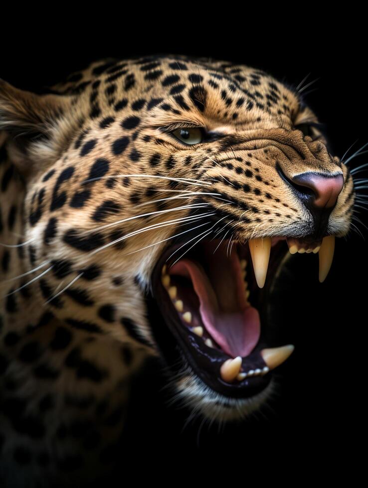 ai generiert schließen oben Porträt von ein Leopard mit ein brüllend Ausdruck. generativ ai foto