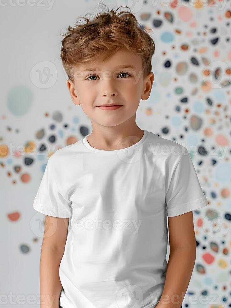 ai generiert Jungs Weiß kurz Ärmel runden Hals T-Shirt Attrappe, Lehrmodell, Simulation es ist ein nützlich Werkzeug zum Kleidung Designer zu Hilfe visualisieren T-Shirts Vor tatsächlich Produktion speichern Zeit und Geld und macht es einfach. foto