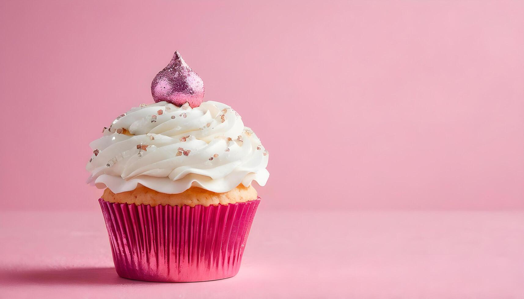 ai generiert ein Cupcake mit ein Rosa Glasur auf ein Rosa Hintergrund foto