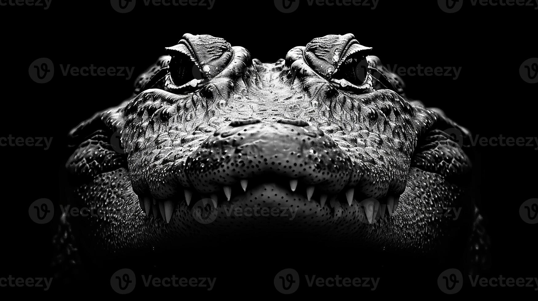 ai generiert minimalistisch wütend Alligator gegen schwarz Hintergrund, schließen oben Alligator Gesicht präsentieren es ist Scharf Zähne und texturiert Haut foto