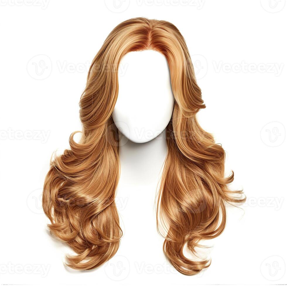 ai generiert ein Mannequin Kopf Anzeigen ein lange blond Haar Perücke, präsentieren das Stil und Länge von das Haarteil, ein Mannequin Kopf geschmückt mit ein lang, wellig, goldbraun Perücke gegen ein Weiß Hintergrund foto