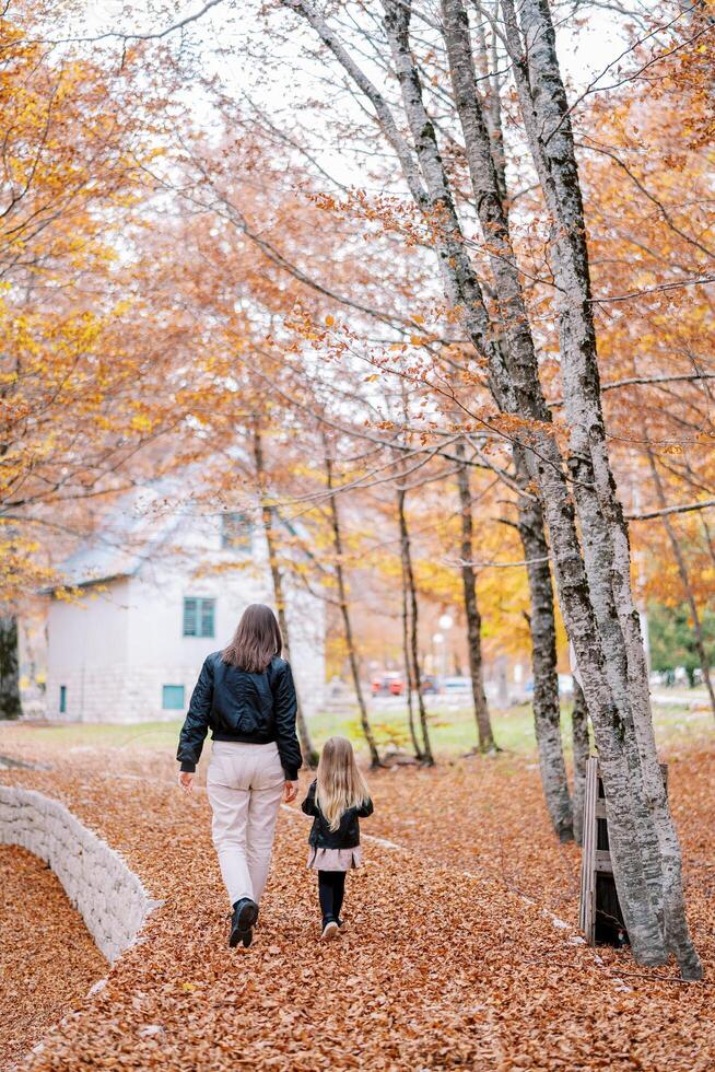 Mutter und ein wenig Mädchen gehen entlang ein Pfad im ein Herbst Park gegenüber das Haus. zurück Aussicht foto