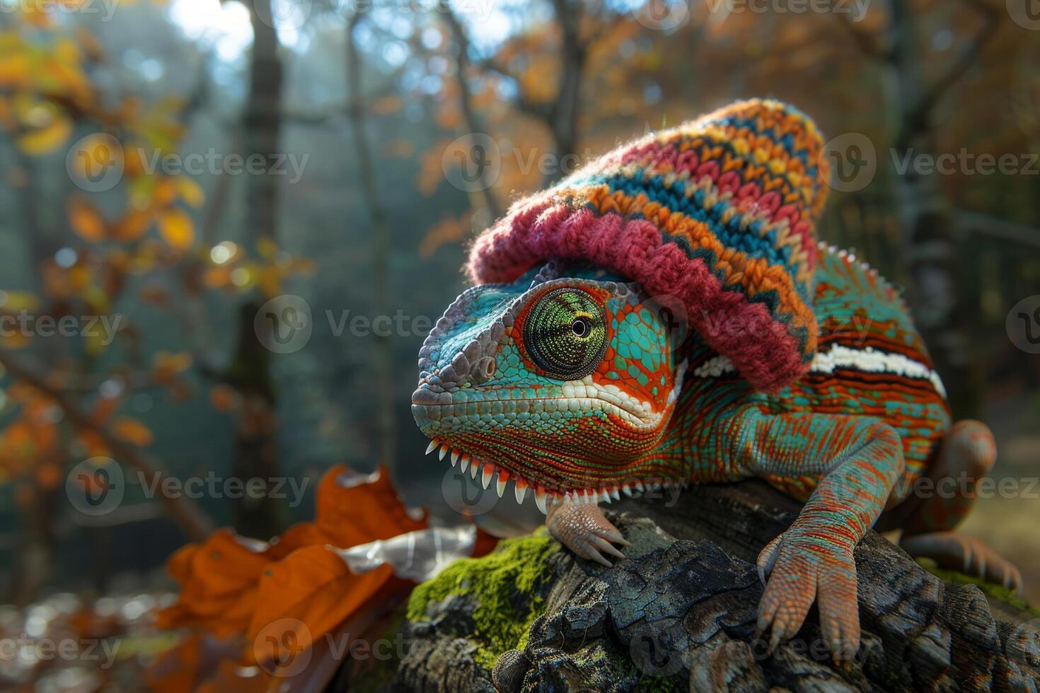 ai generiert ein Chamäleon im ein hell Hut auf das Hintergrund von ein Wald Landschaft foto