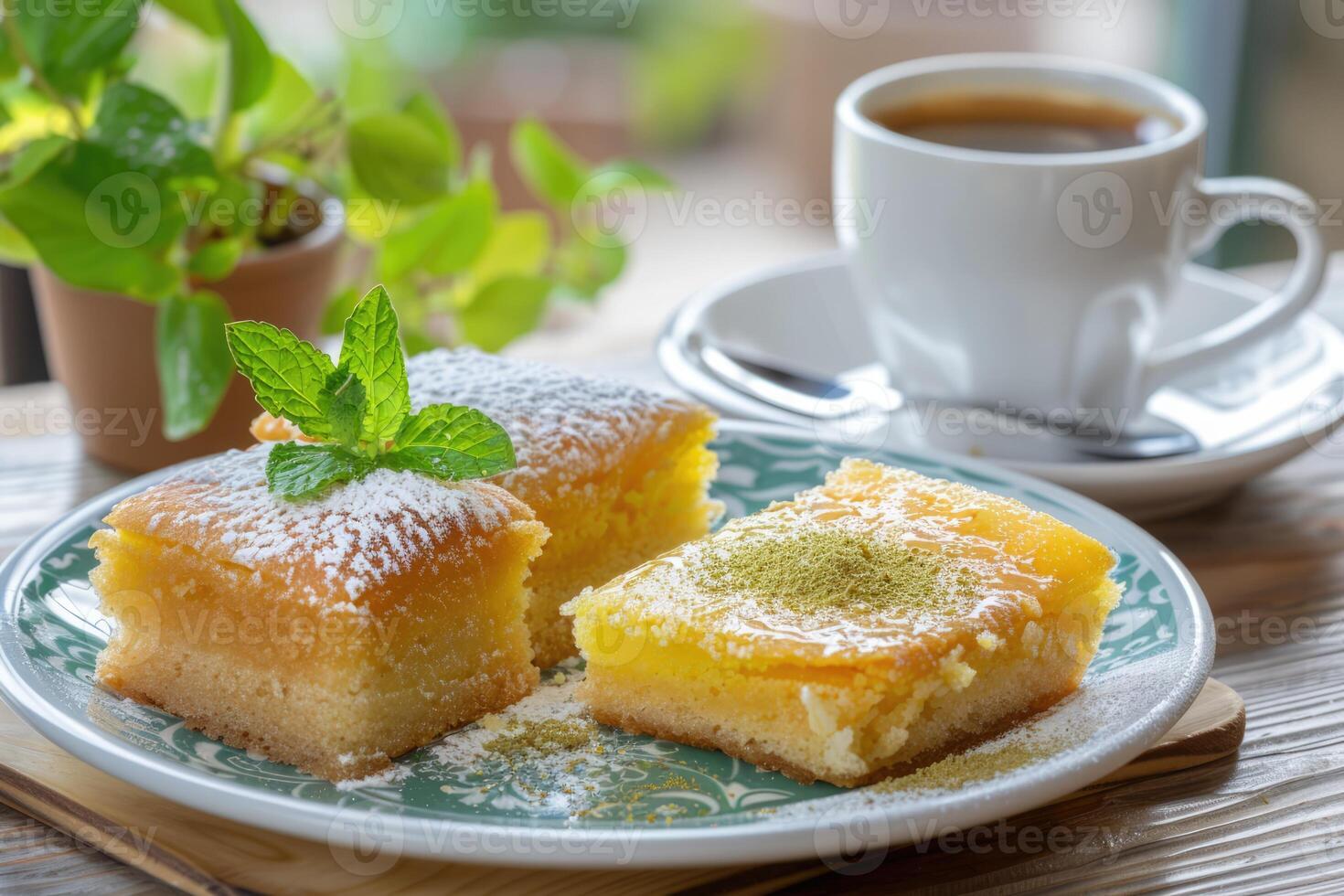 ai generiert Türkisch Kaffee und traditionell Türkisch Dessert im Teller auf hölzern Tabelle foto