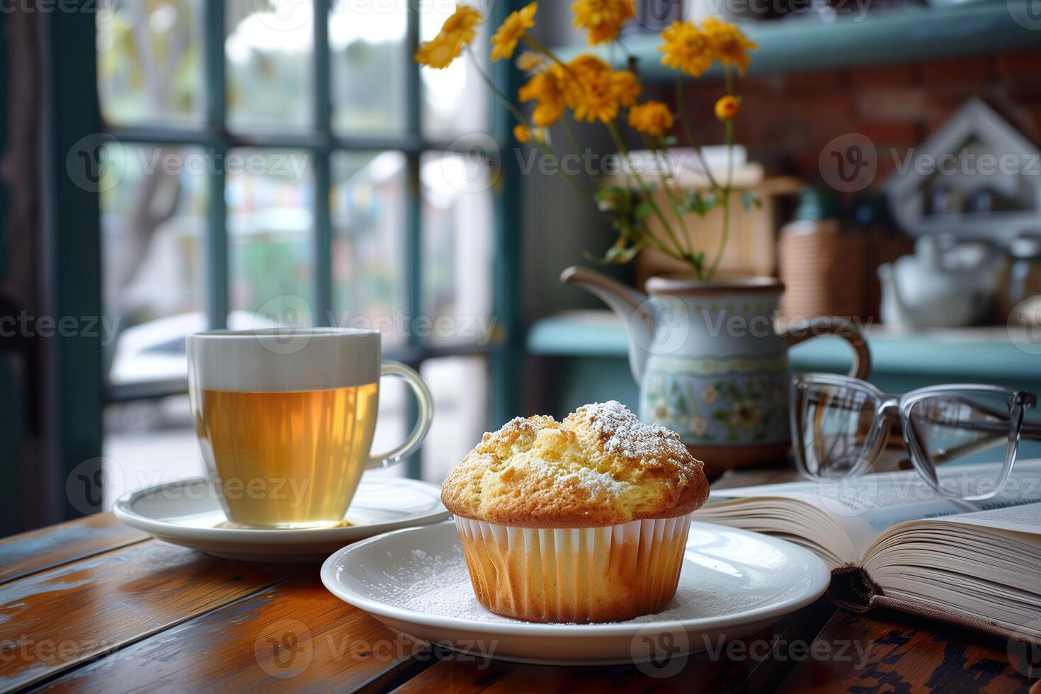 ai generiert Tee brechen mit ein frisch gebacken Muffin und ein Tasse von heiß Tee. generativ ai foto