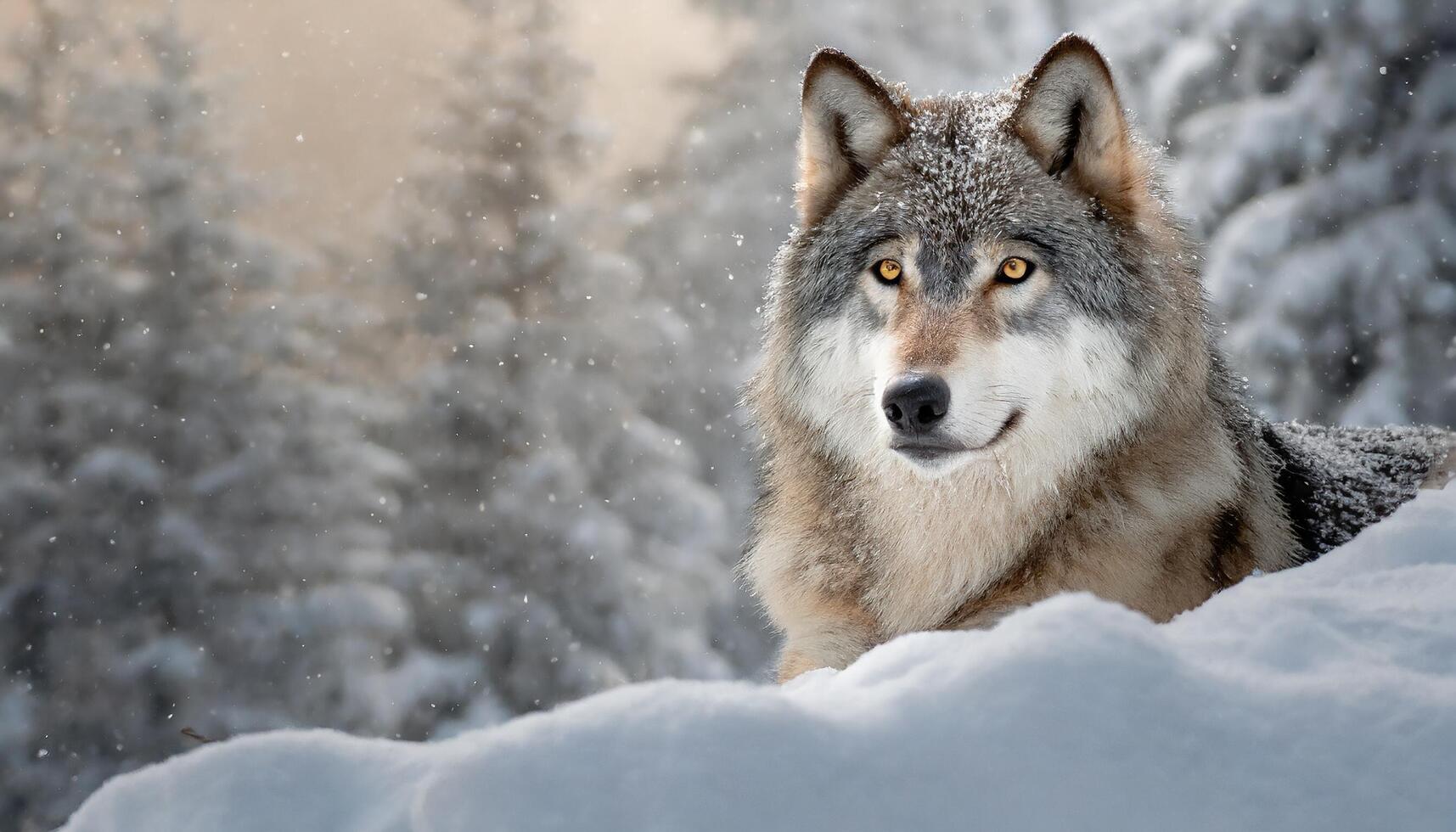 ai generiert Wolf Sitzung im Winter Schnee foto