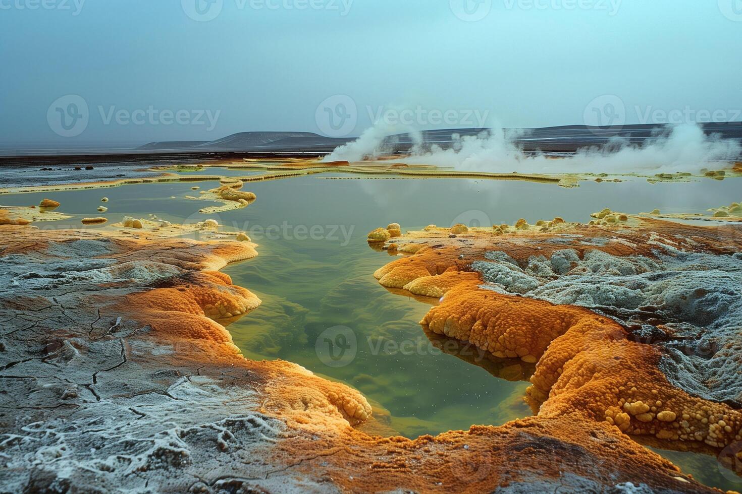 ai generiert heiß Seen im das Bereich von geothermisch Wasser Auslauf im das Wüste foto