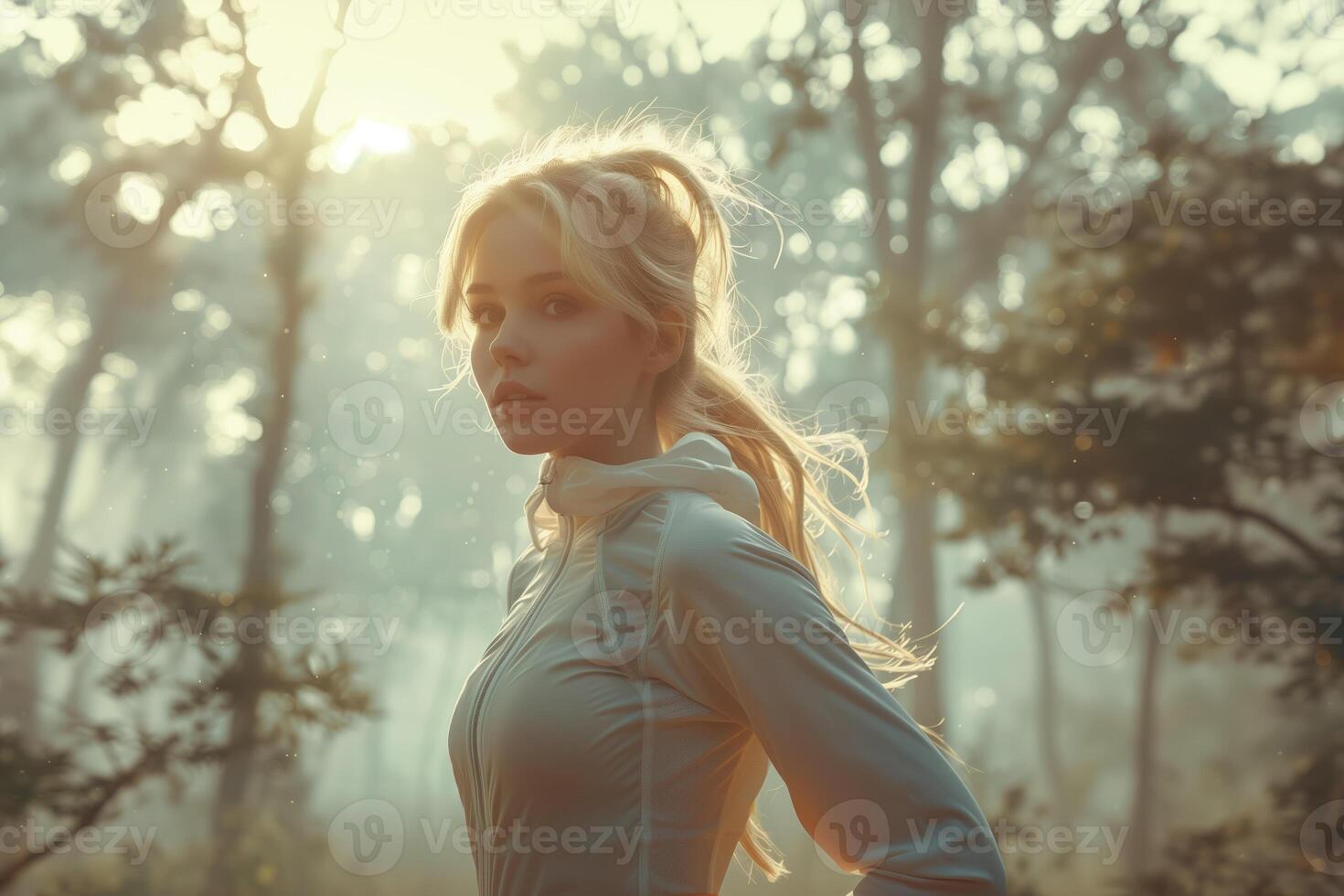 ai generiert schön jung Frau Laufen im ein neblig Wald beim Sonnenaufgang. foto
